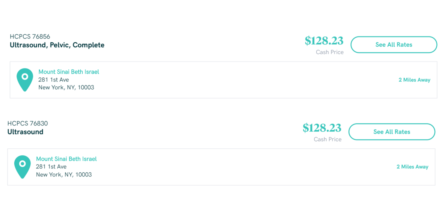 Cash price showing $128.23 per ultrasound