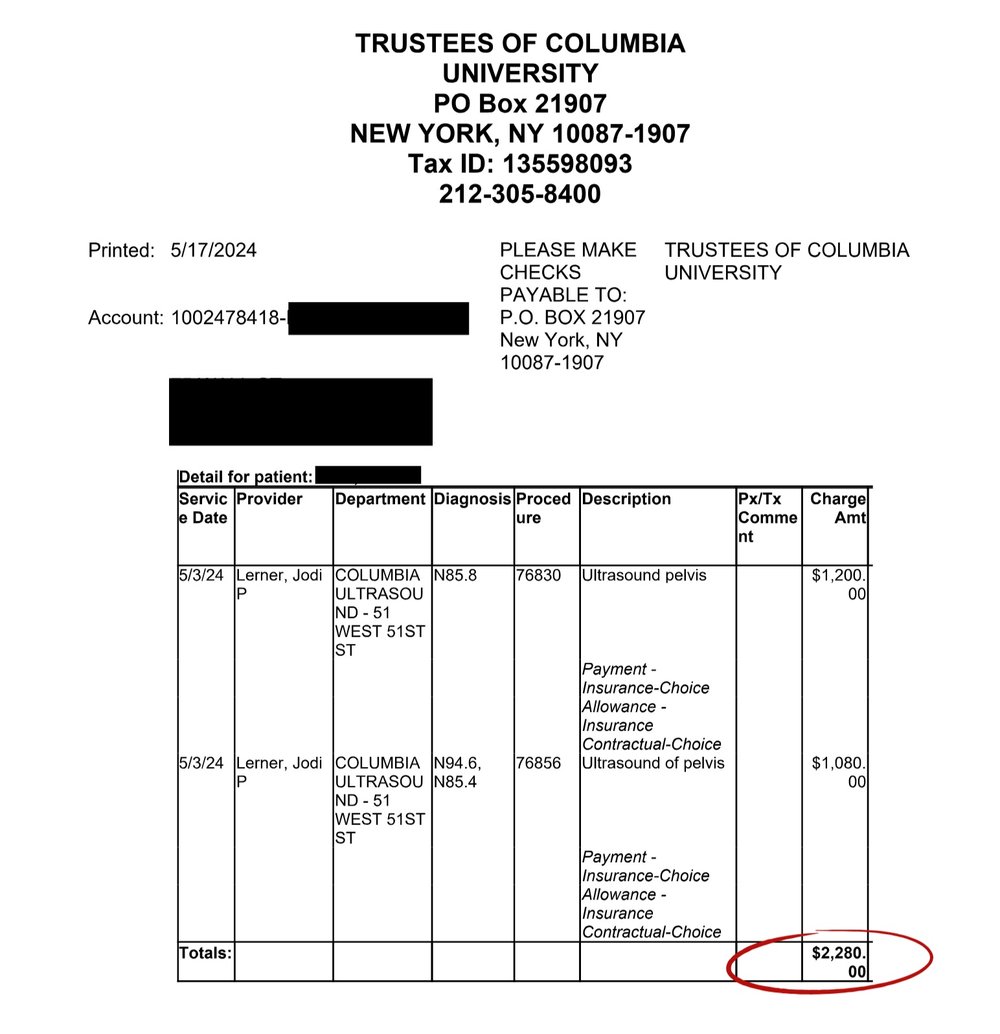 Insurance bill showing $2,280 charge for ultrasound
